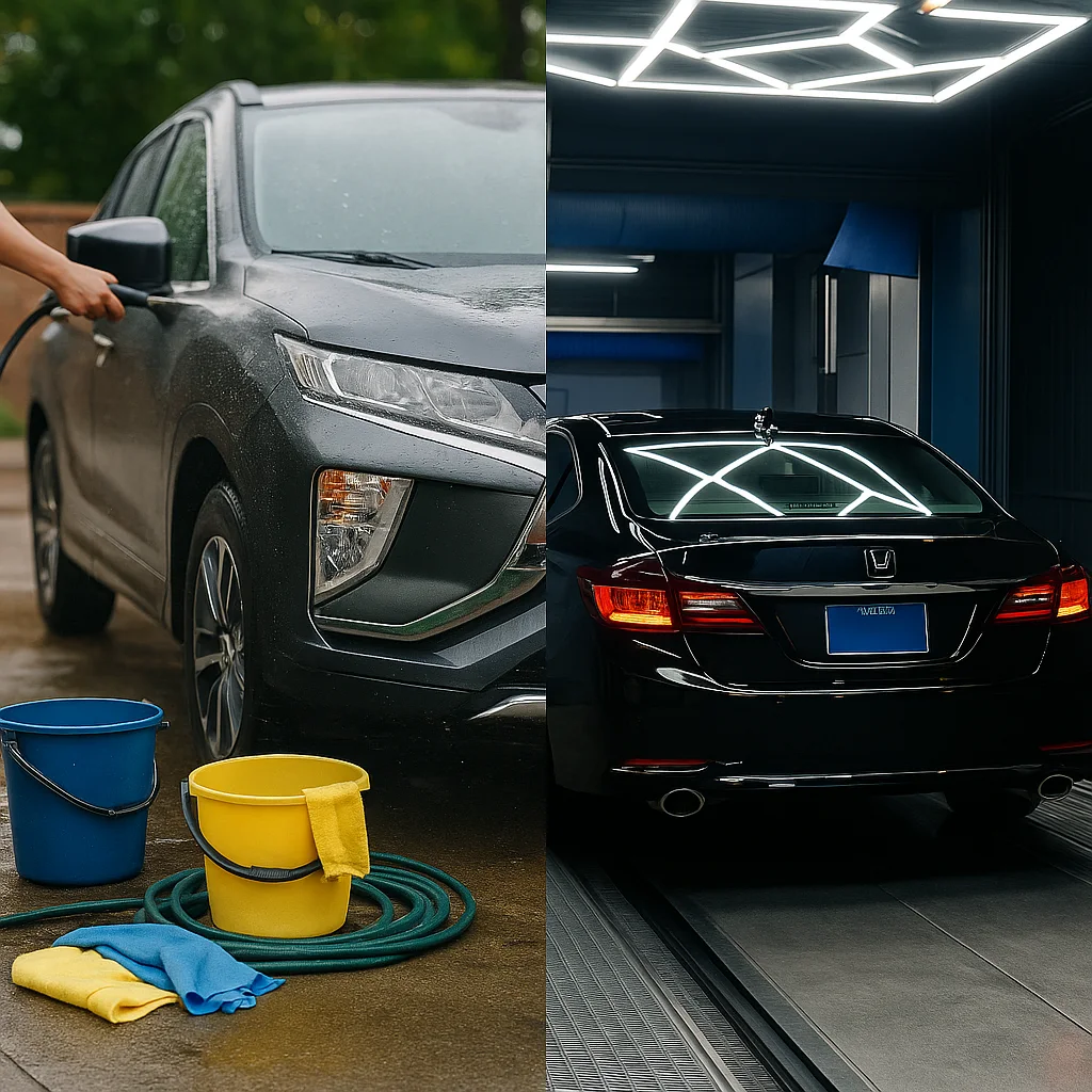 Comparação visual entre lavagem manual e lavagem automática de veículos