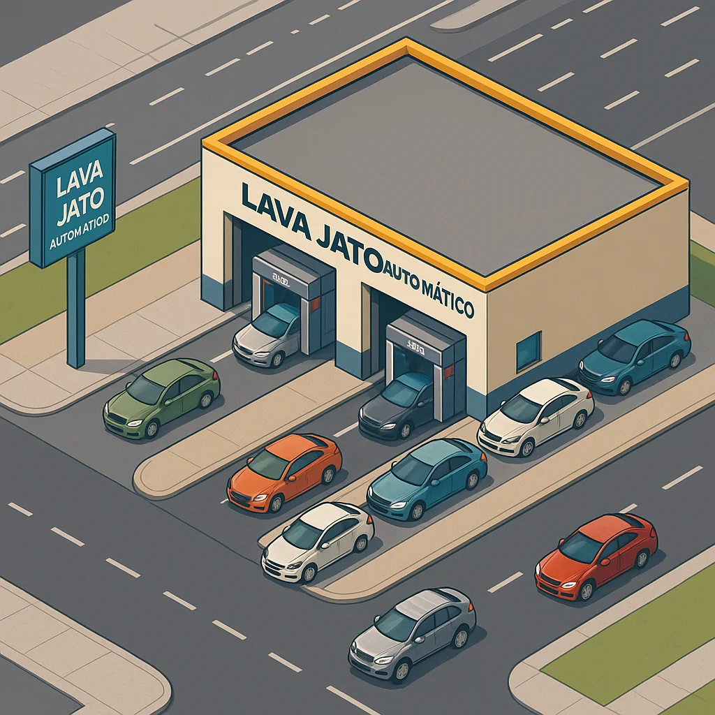 Vista ilustrativa de um lava-jato automático implantado em avenida movimentada