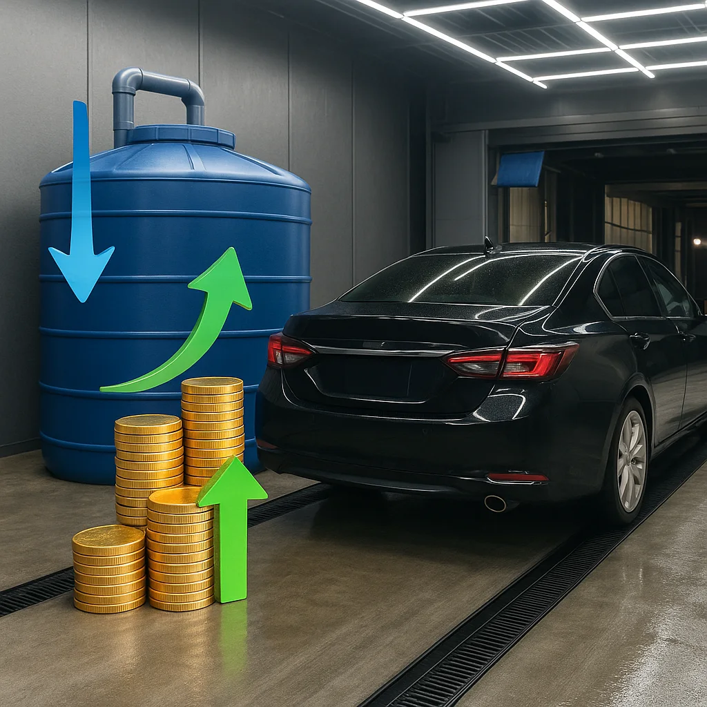 Sistema de reservação de água ao lado de uma baia de lavagem automática